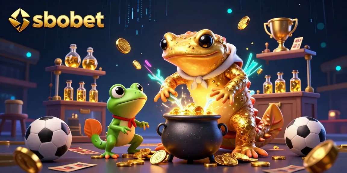 SBOBET features a magical scene of a golden salamander alchemist, frog apprentice, and newt assistants in a vibrant sports betting themed laboratory.