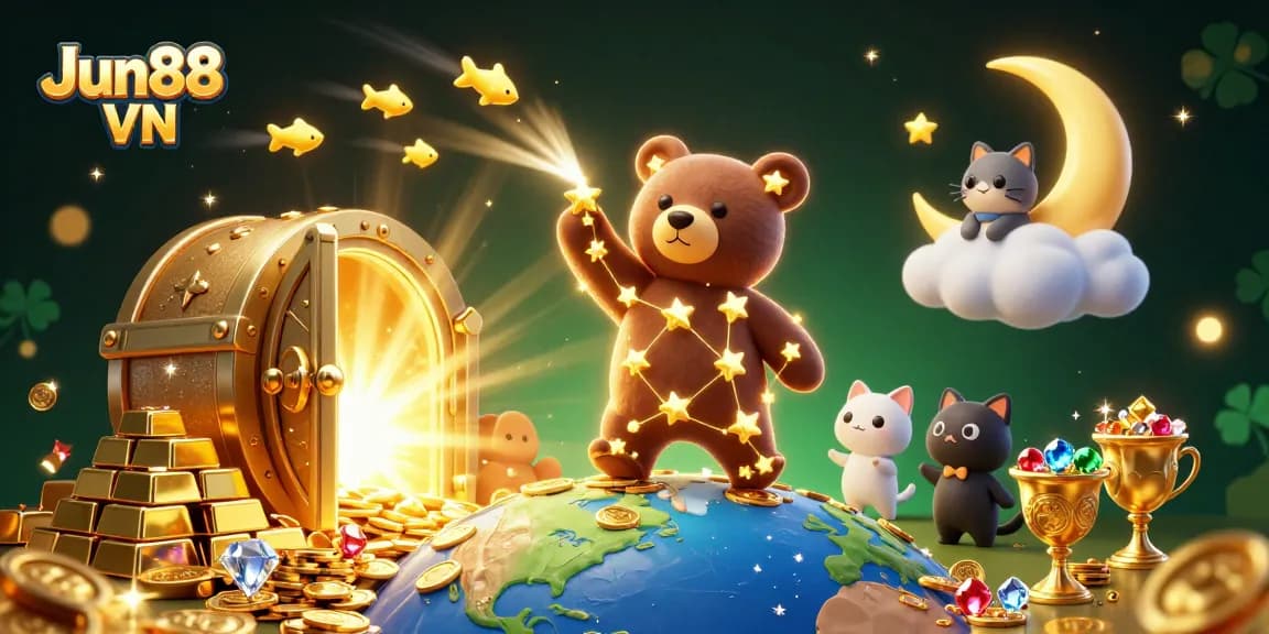 Engage with Jun88 VN in a vibrant 3D casino scene, showcasing exciting rewards and gaming opportunities.