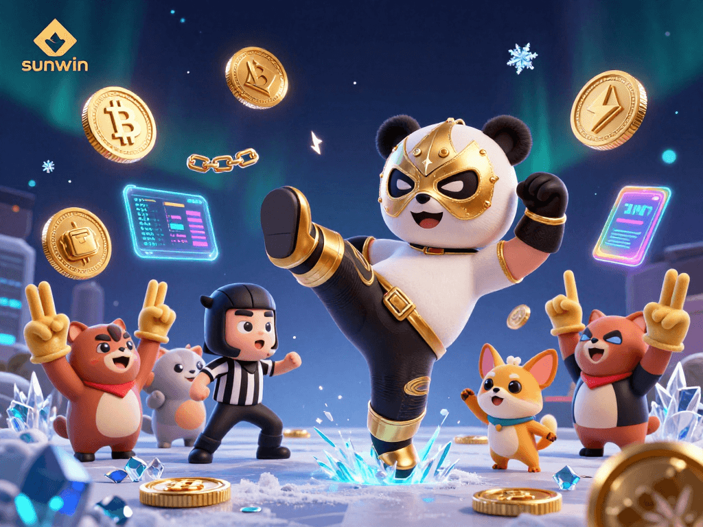 Experience thrilling wins at sunwin with a lively panda wrestling scene displaying vibrant gambling elements.
