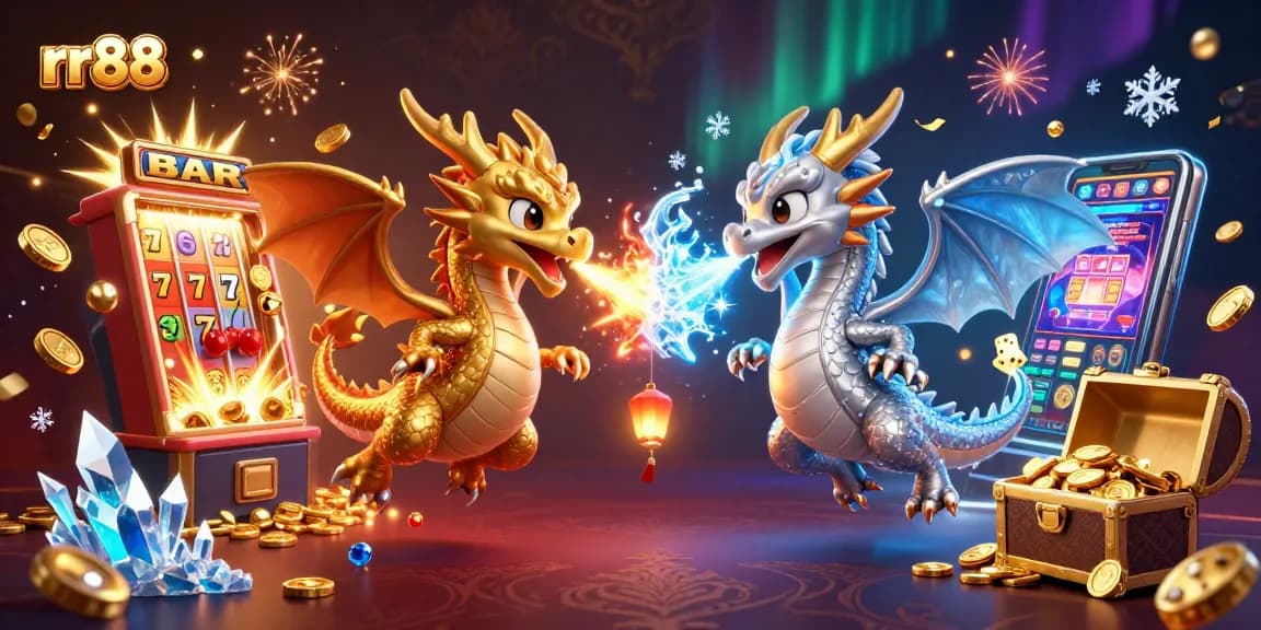 Experience the excitement of rr88 with dynamic dragons, slots, and winning action in this vibrant 3D illustration.