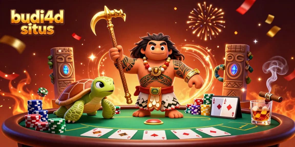 Budi4d situs showcases vibrant casino action with winning poker hands and festive elements in a dynamic scene.