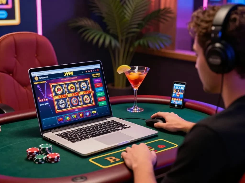 Exciting online gambling experience showing 399W platform with player engaged in live casino.