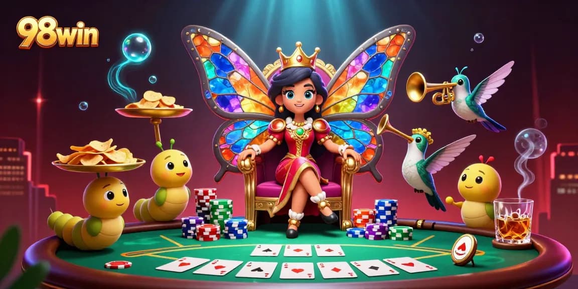 Experience 98win's exciting betting world with vibrant poker elements and royal characters.