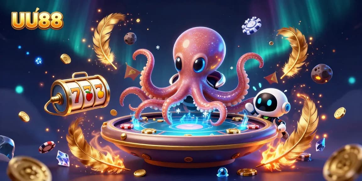 Engage with UU88's thrilling slots experience alongside a playful alien octopus and robot.