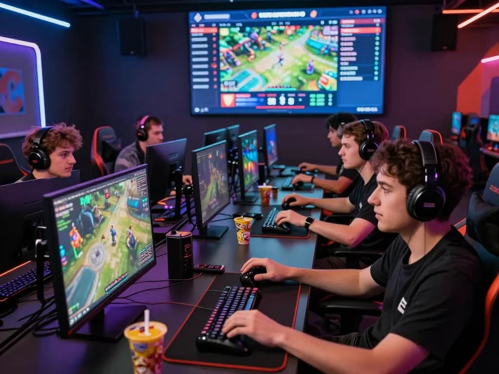 Engaged gamers immersed in the 32win online gaming platform, showcasing vibrant LED lights and competitive atmosphere.
