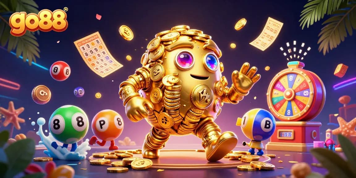 Experience excitement with go88's golden golem and vibrant lottery elements in a dynamic casino scene.