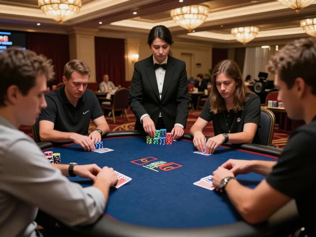Debet poker players engaged in a thrilling tournament at a luxurious casino.