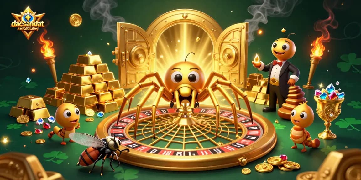 Experience thrilling bets with dacsandatphanrang in this vibrant 3D casino scene featuring a golden spider and rich treasure.