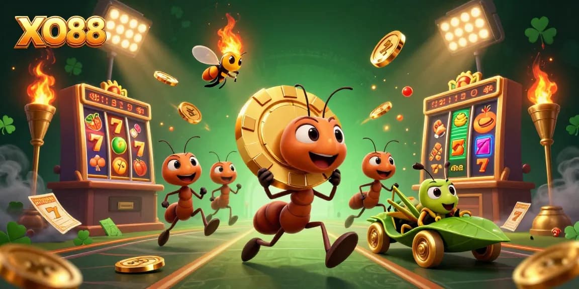 Experience thrilling gameplay with XO88 as ants carry a giant poker chip through a vibrant casino scene.