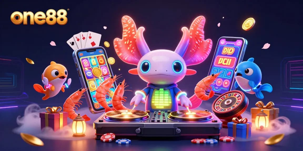Experience the excitement of one88 with a vibrant neon casino scene featuring an axolotl DJ and dynamic gaming elements.