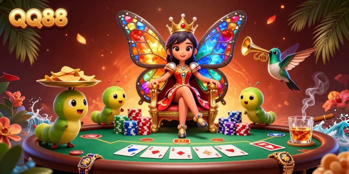 Experience the excitement of QQ88 with a vibrant casino scene featuring poker elements and lively characters.