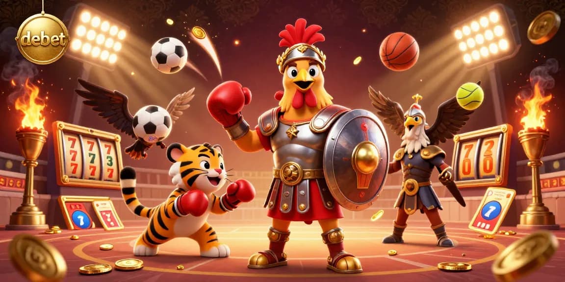 Engage with debet's exciting gaming scene featuring a gladiator rooster and tiger cub amidst a dynamic display of gambling elements.