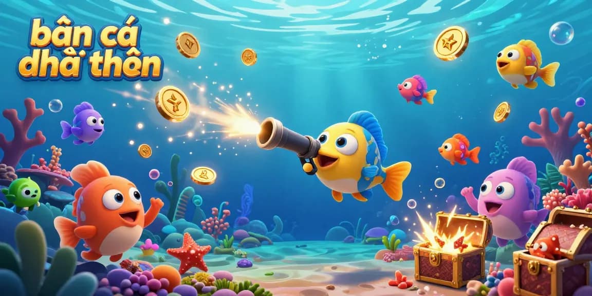 Engage in bắn cá đổi thưởng with vibrant fish shooting cannons and colorful sea creatures in an exciting underwater game scene.