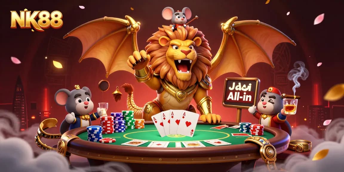 Engage with NK88, a thrilling scene of card play highlighted by a chimera creature and poker elements.