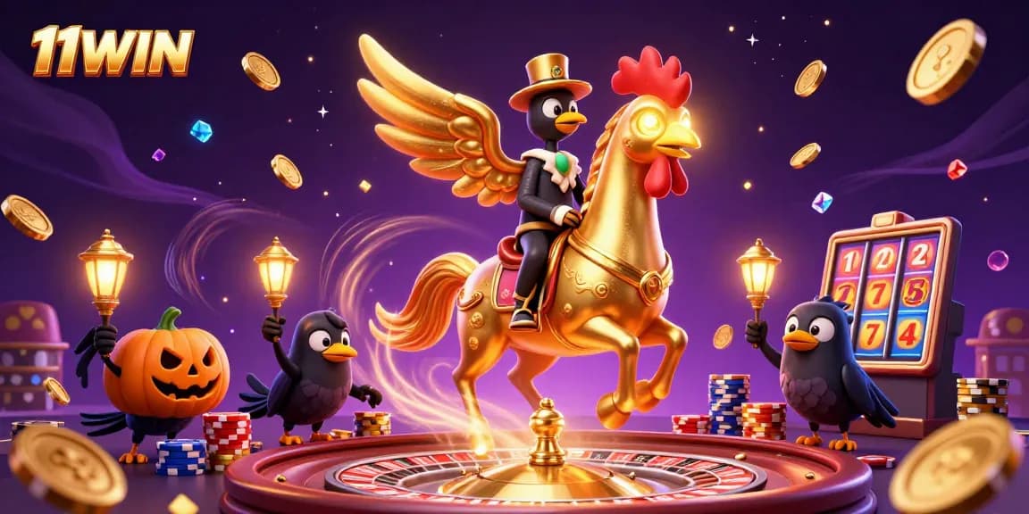 Experience thrilling action at 11WIN with a golden rooster and vibrant casino elements.