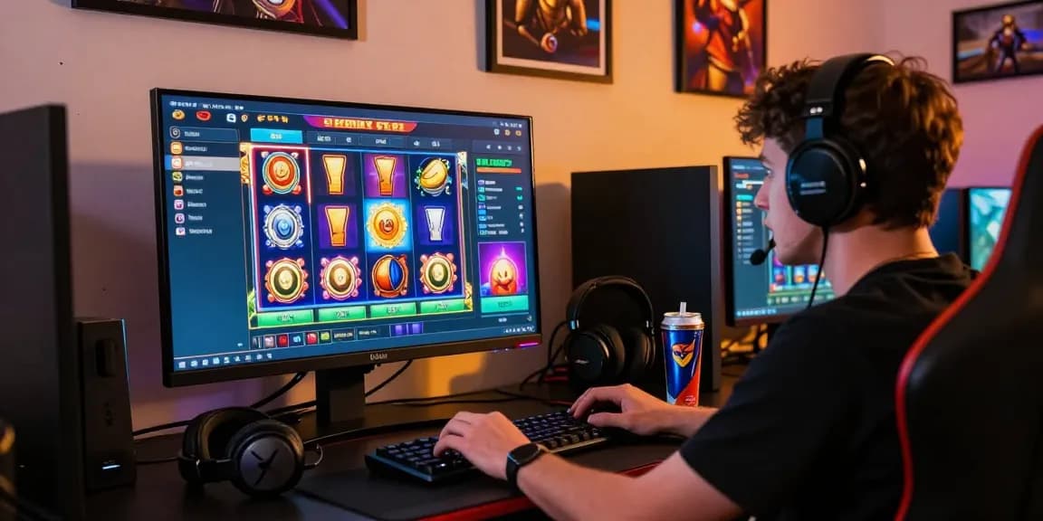 Excited player exploring bonus buy slots UK in vibrant online gaming setup with colorful graphics and immersive accessories.