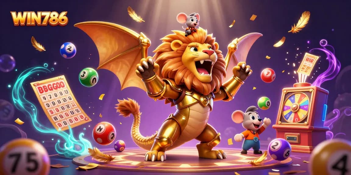 Engage with WIN786's exciting gaming atmosphere featuring golden lottery balls, vibrant prize wheels, and chimera charm.