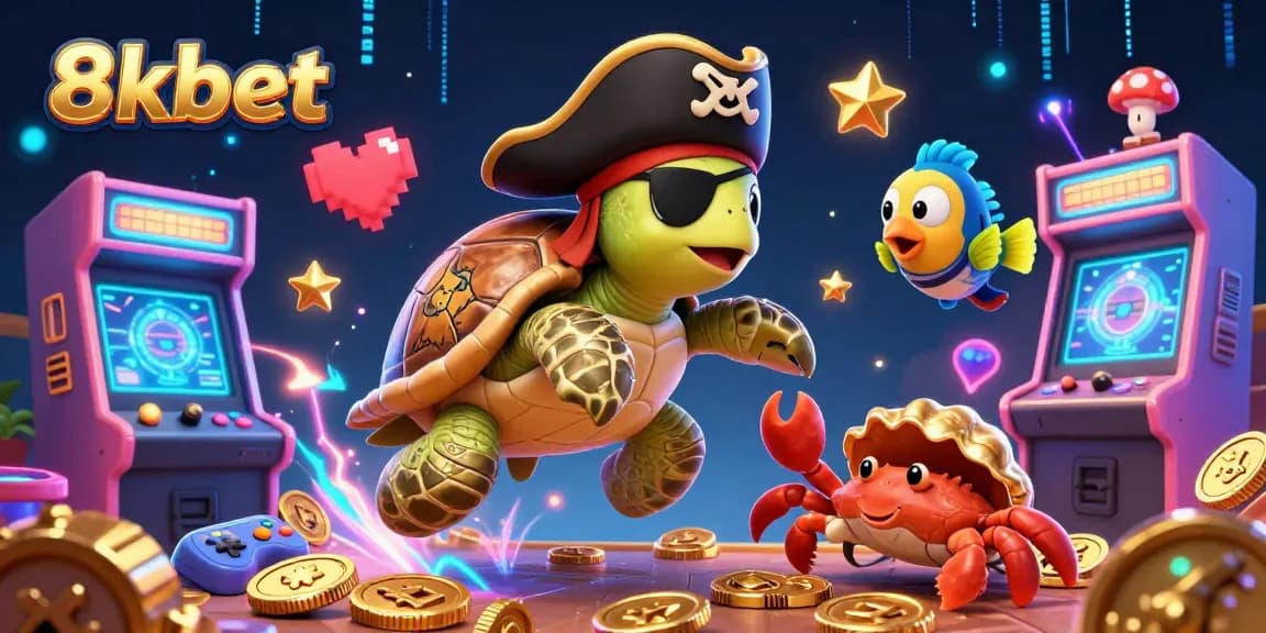 Experience thrilling wins with 8xbet's vibrant illustration of a pirate turtle, crab, and parrotfish amidst casino elements.