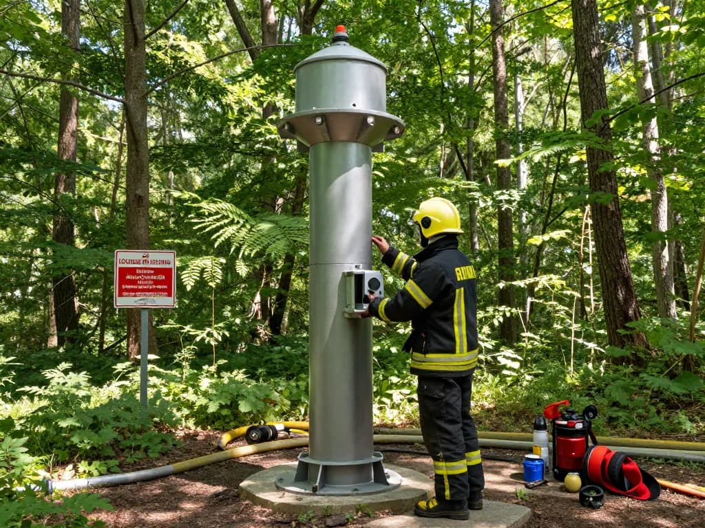 Ein Feuerwehrmann inspiziert eine Löschwasserzisterne ohne Hydrant in einem Waldgebiet, um die Einsatzbereitschaft gegen Waldbrände zu gewährleisten.