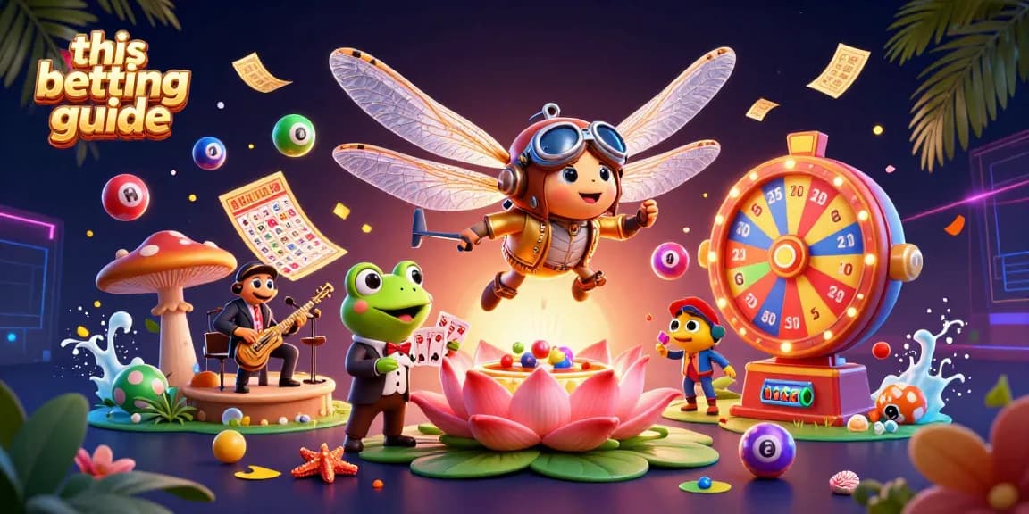 This betting guide showcases vibrant casino action with a dynamic dragonfly pilot above a lily pad casino scene.