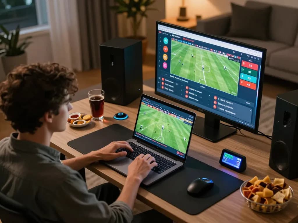 Socolive user engaged in online sports betting with vibrant atmosphere, screens displaying live football matches.