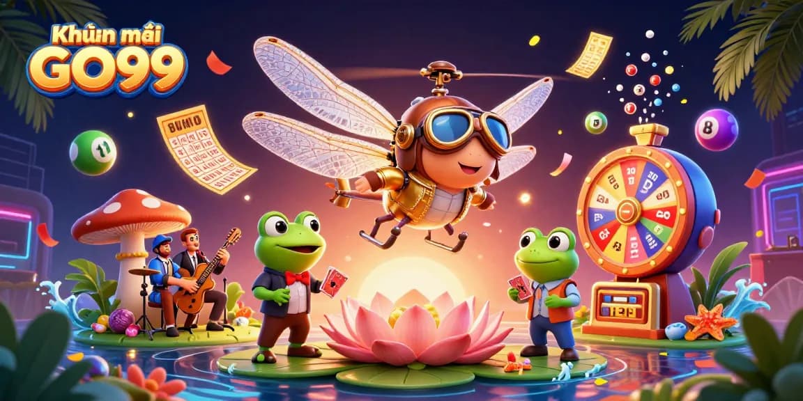 Engage with Khuyến mãi GO99 through a dynamic 3D illustration of casino characters and vibrant gaming elements.