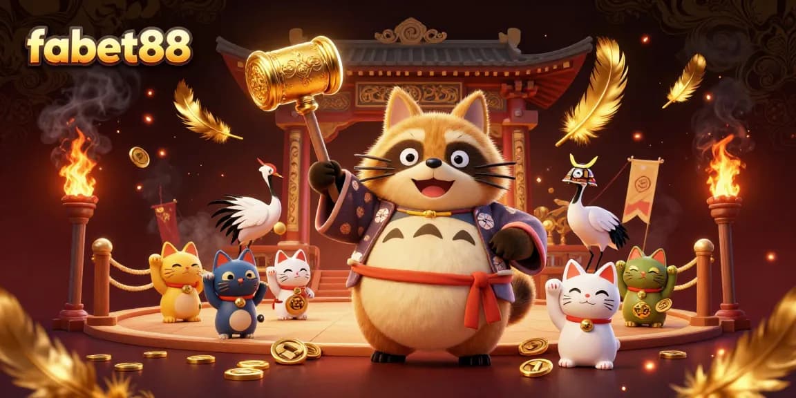 Experience the excitement of fabet88 with a vibrant 3D casino scene showcasing a cheerful tanuki and lucky symbols.