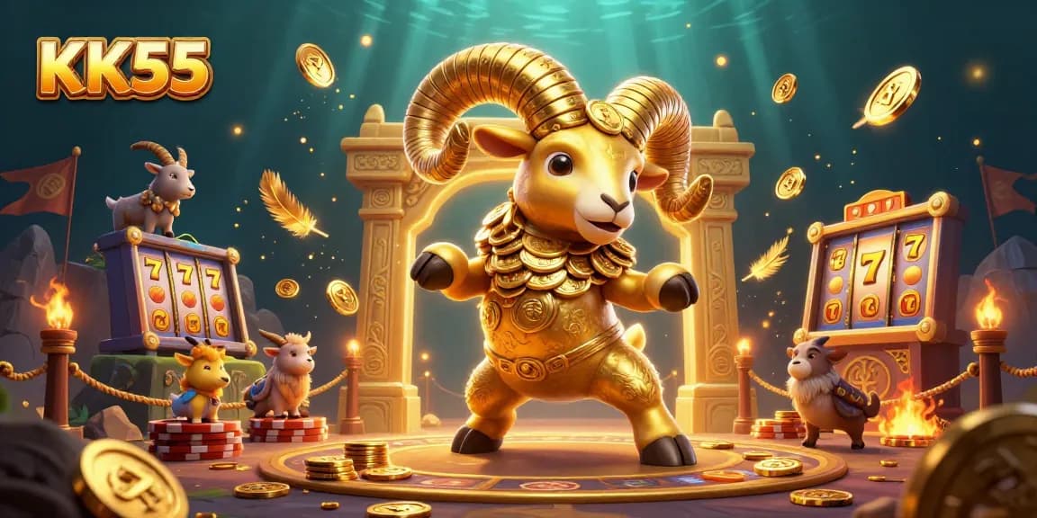 Experience KK55's exciting slots with a dynamic scene filled with golden elements and vibrant casino atmosphere.