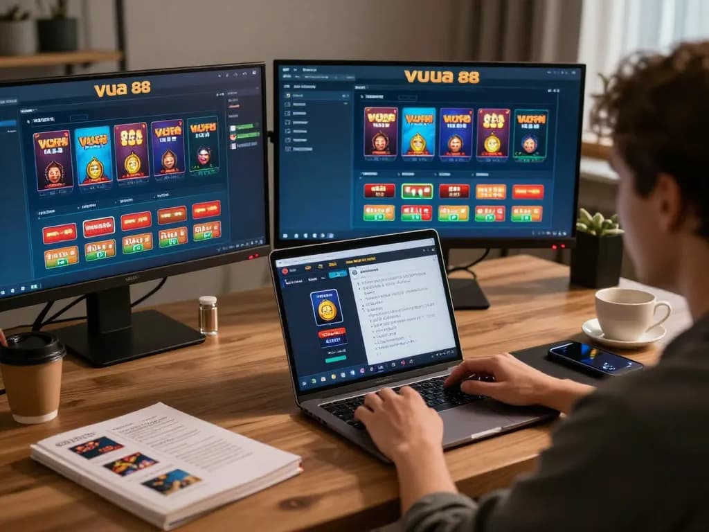 Engaged player using Vua 88 online casino platform on multiple screens while strategizing gameplay.