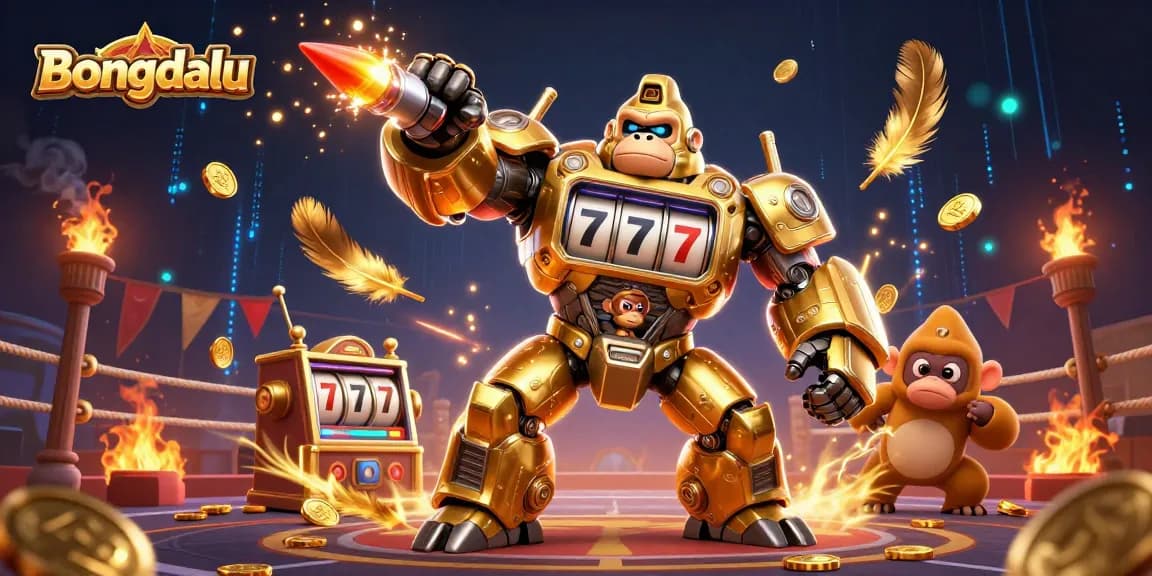 Bongdalu's dynamic gorilla mech fights with coins as it launches a winning punch in a vibrant casino arena.