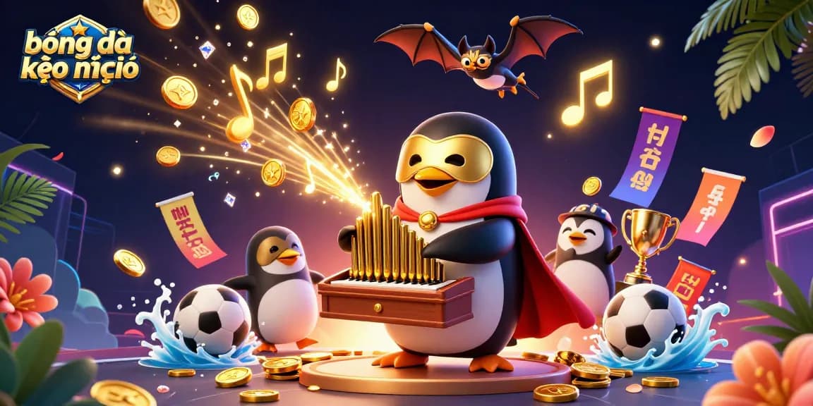 Engaging scene showcasing bóng đá kèo nhà cái with a 3D animated penguin playing organ and sports thematic elements.