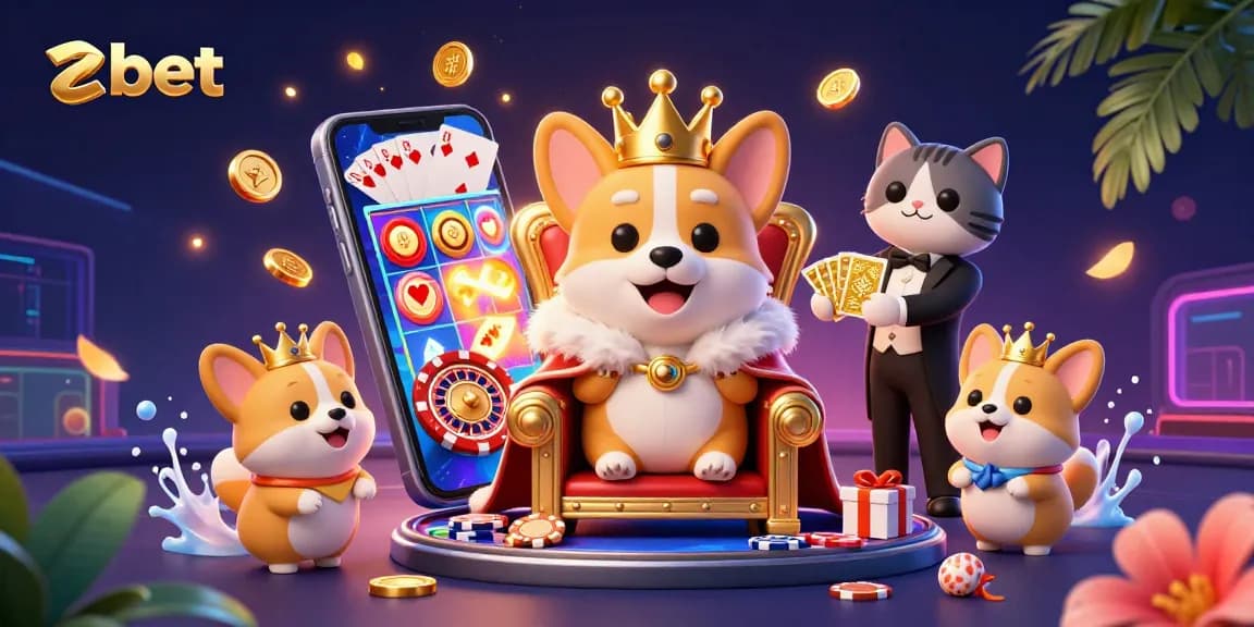 Engage with zbet's thrilling gaming experience featuring a corgi and casino elements in a colorful scene.