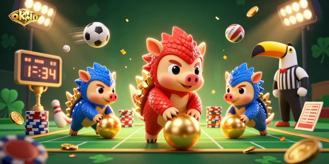 okwin highlights rival pangolins competing with golden balls amidst a dynamic gambling scene, illustrating excitement and energy
