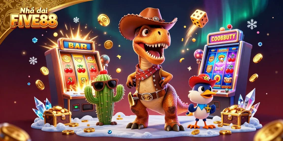 Experience the excitement of Nhà cái FIVE88 with a dynamic scene of a cowboy dinosaur, cactus, and roadrunner amidst casino treasures.