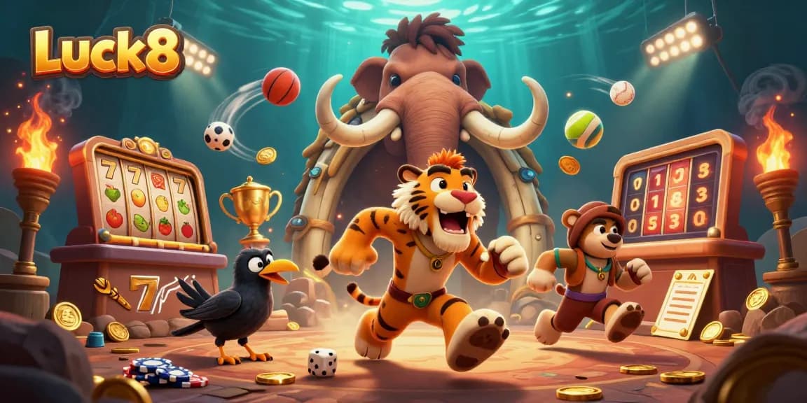 Engage with Luck8's thrilling gaming experience featuring dynamic slots, coins, and animated characters.
