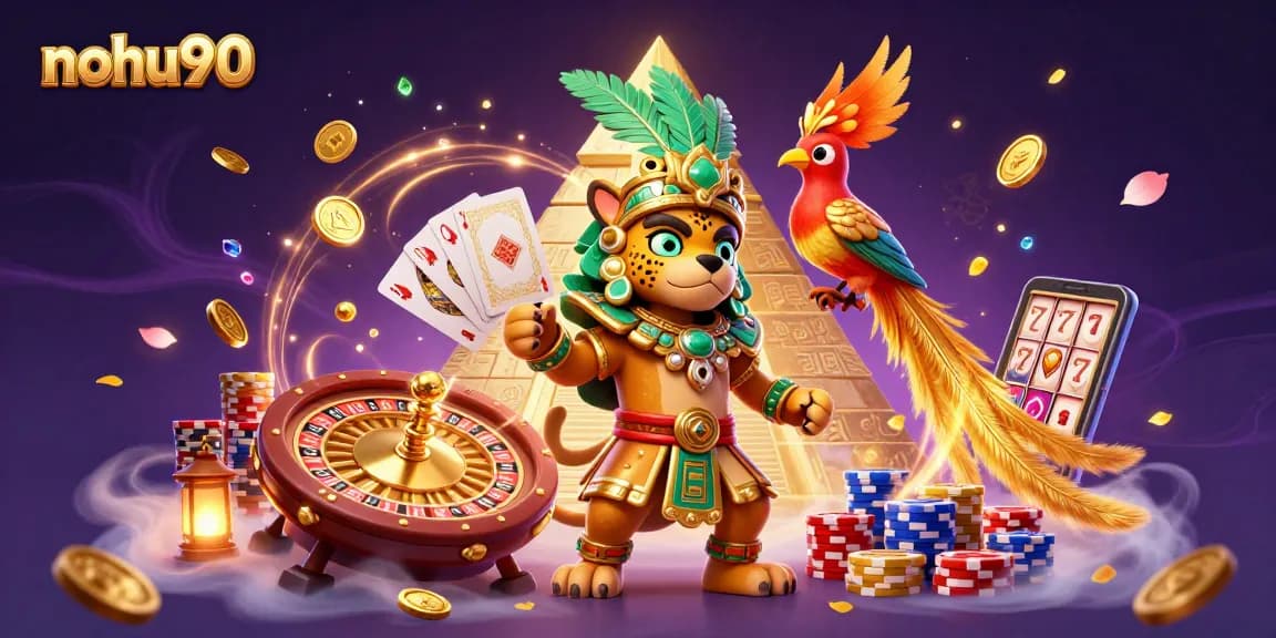 Experience exhilarating gaming with Nohu90's vibrant casino illustration, featuring dynamic characters and interactive elements.