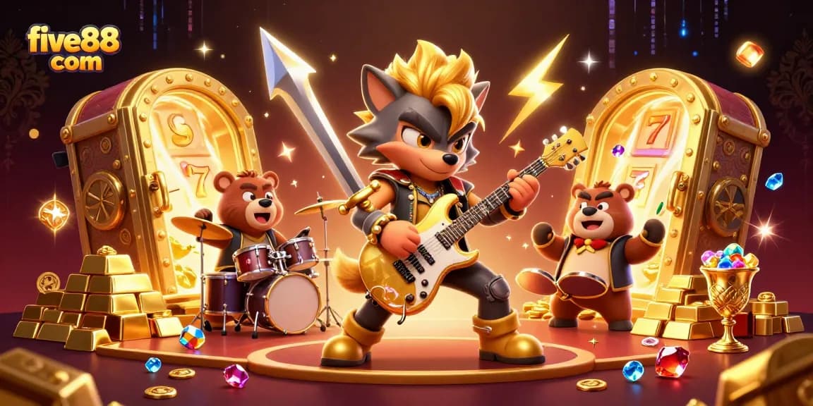 Experience the thrill at five88 com with a dynamic casino scene featuring a rock star wolf and vibrant slots.