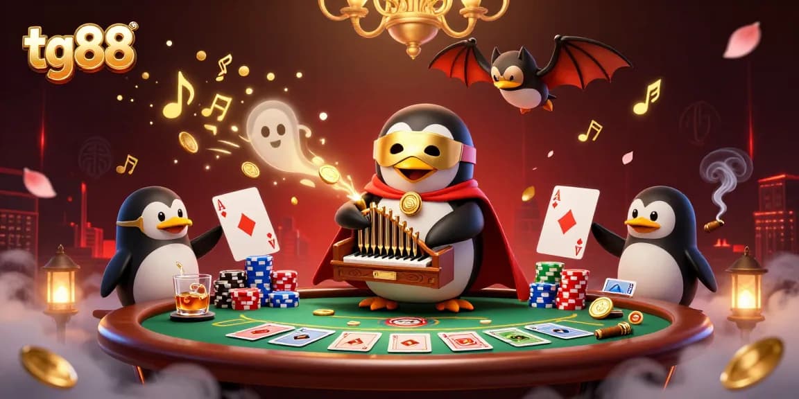 Engage with tg88's thrilling casino experience featuring a playful phantom penguin and poker scene.