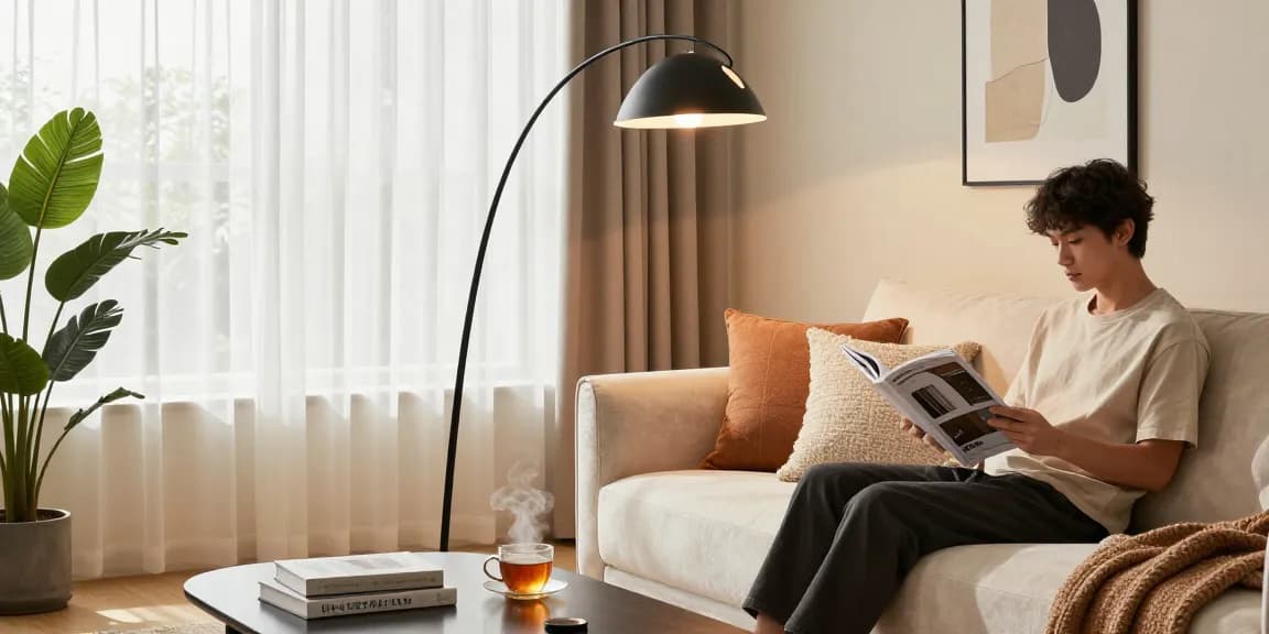 Stylish living room featuring a lampara de pie negra enhancing modern decor.