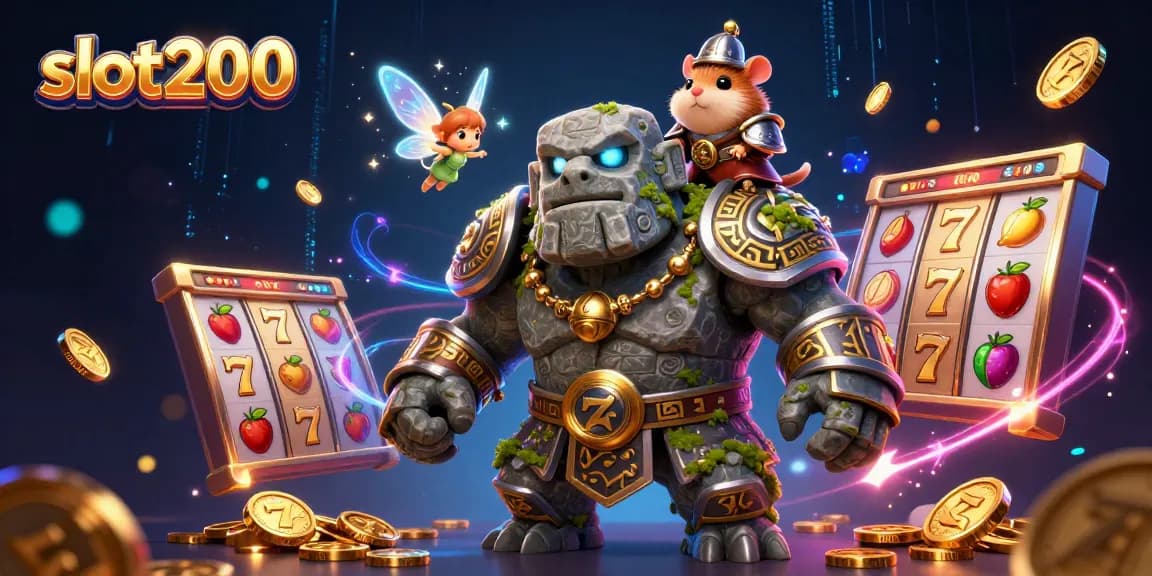 Slot200 menikmati permainan slot dengan golem, peri, dan hamster berani dalam pertarungan jackpot.