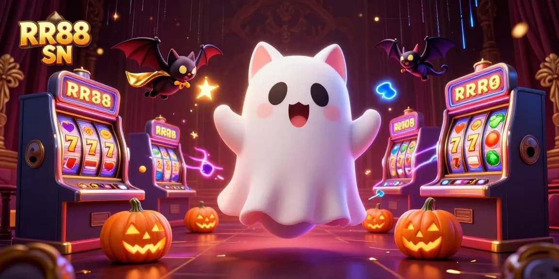 Spin and win with RR88 SN; ghost cat and bat explore a haunted casino.