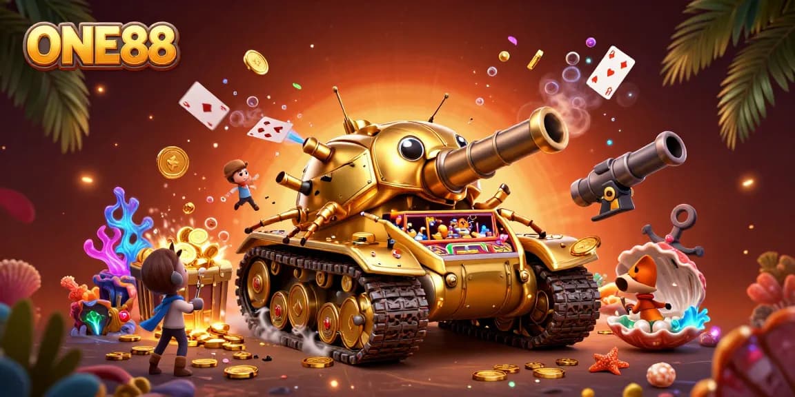 Experience the excitement of ONE88 with a vibrant 3D casino scene full of action and treasures.
