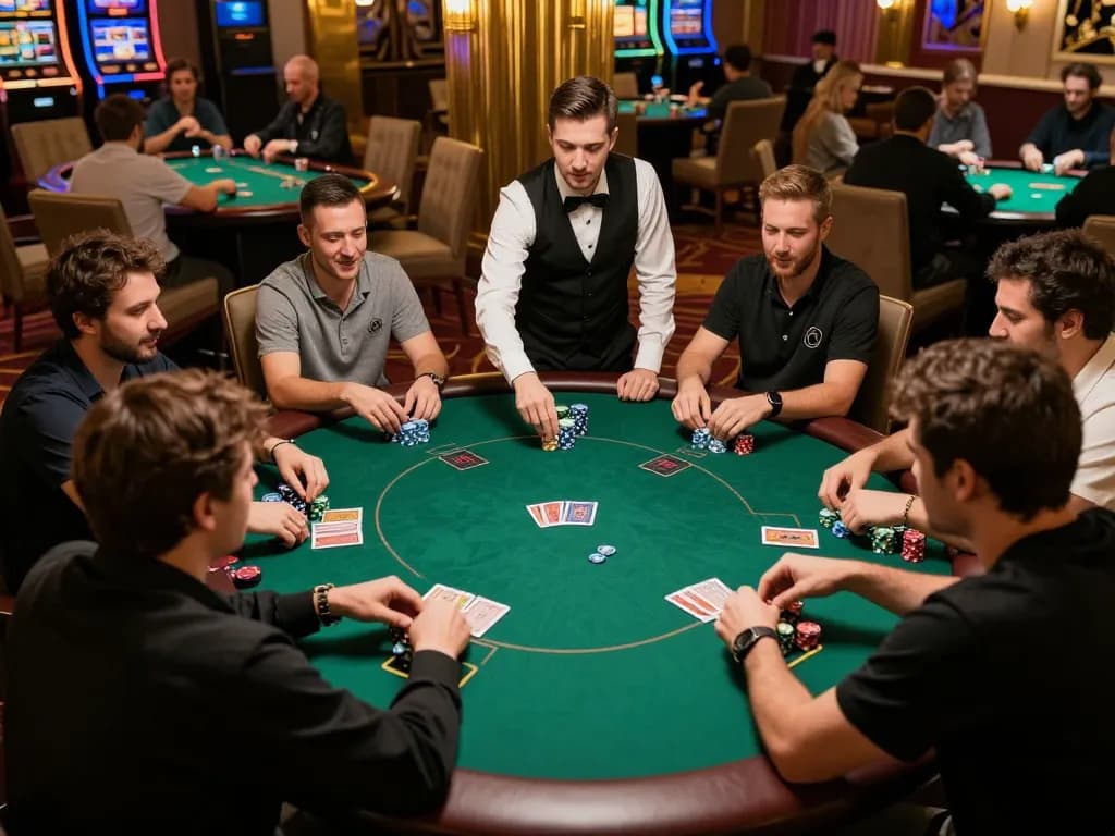 TIP88 players engaged in intense poker action at a vibrant casino table, showcasing excitement and competitive spirit.