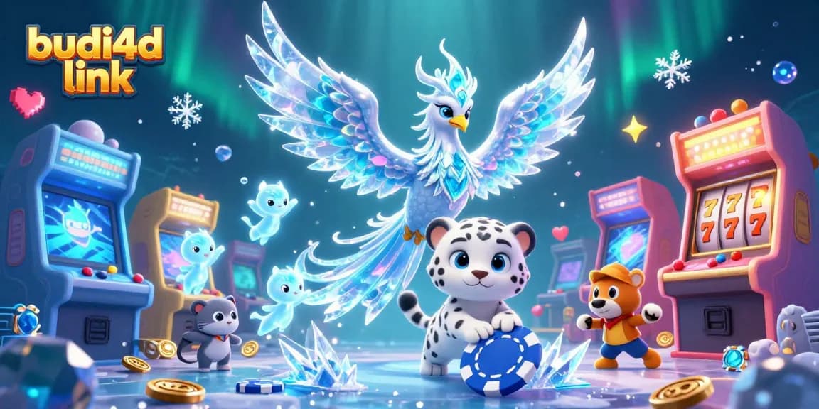 Play and win at budi4d link, featuring a colorful ice phoenix and gaming elements in a vibrant casino scene.