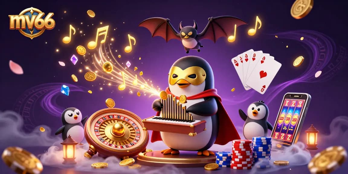 Experience mv66's thrilling casino atmosphere with vibrant games, golden coins, and colorful characters.