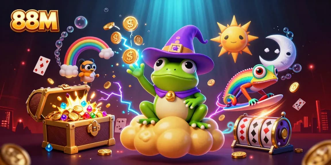 Experience thrilling luck with 88M as the weather wizard frog creates golden coin storms in a festive casino scene.
