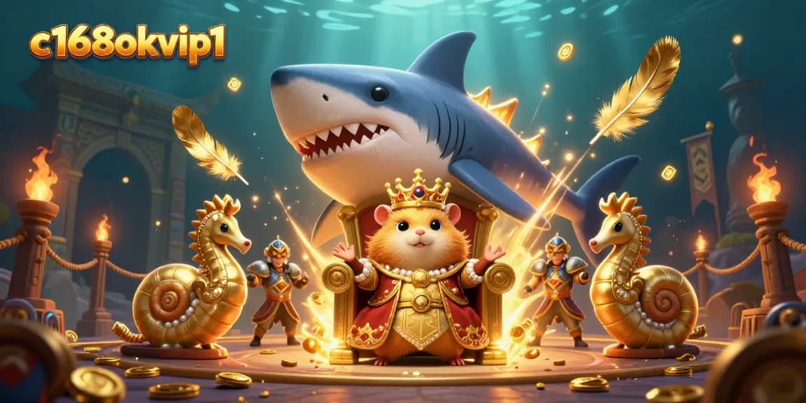Engage with c168okvip1 in this vibrant casino scene featuring a golden hamster king and royal seahorse guards.