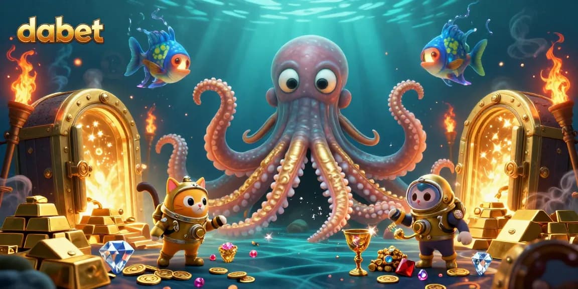 Dabet offers a thrilling underwater adventure with a golden kraken, diving cat, and glowing fish in a vibrant casino scene.