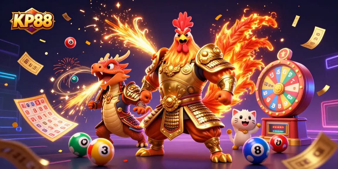 Experience thrilling action at KP88 with a vibrant 3D illustration of a samurai rooster, dragon, and a fortune cat.