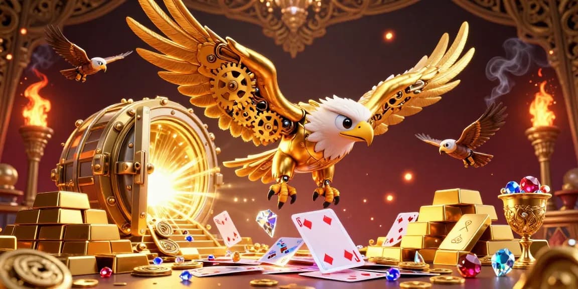 Experience thrilling gameplay with vvvwin's energetic golden eagle at a casino, filled with rich treasures.